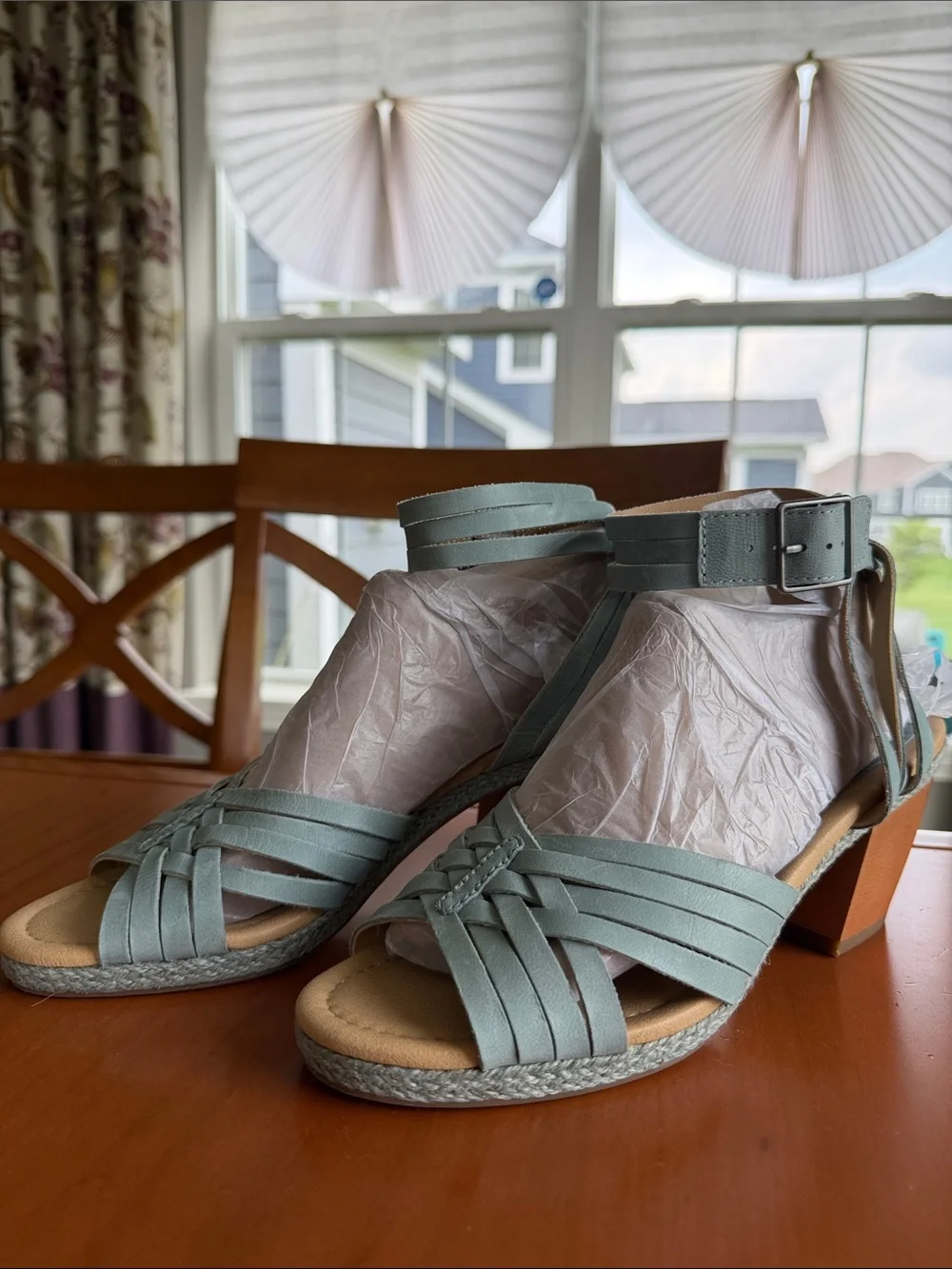 Lucky Brand Leather Noxa Strappy Block Heel Sandals Blue Gray Women’s Sz 8.5